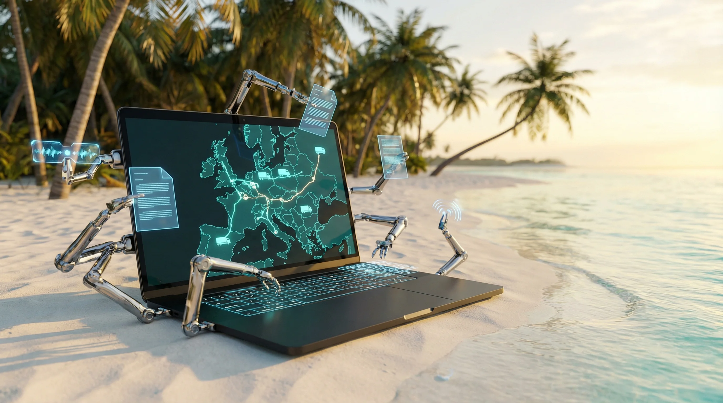 AI asystent spedytora - laptop z robotycznymi ramionami na plaży