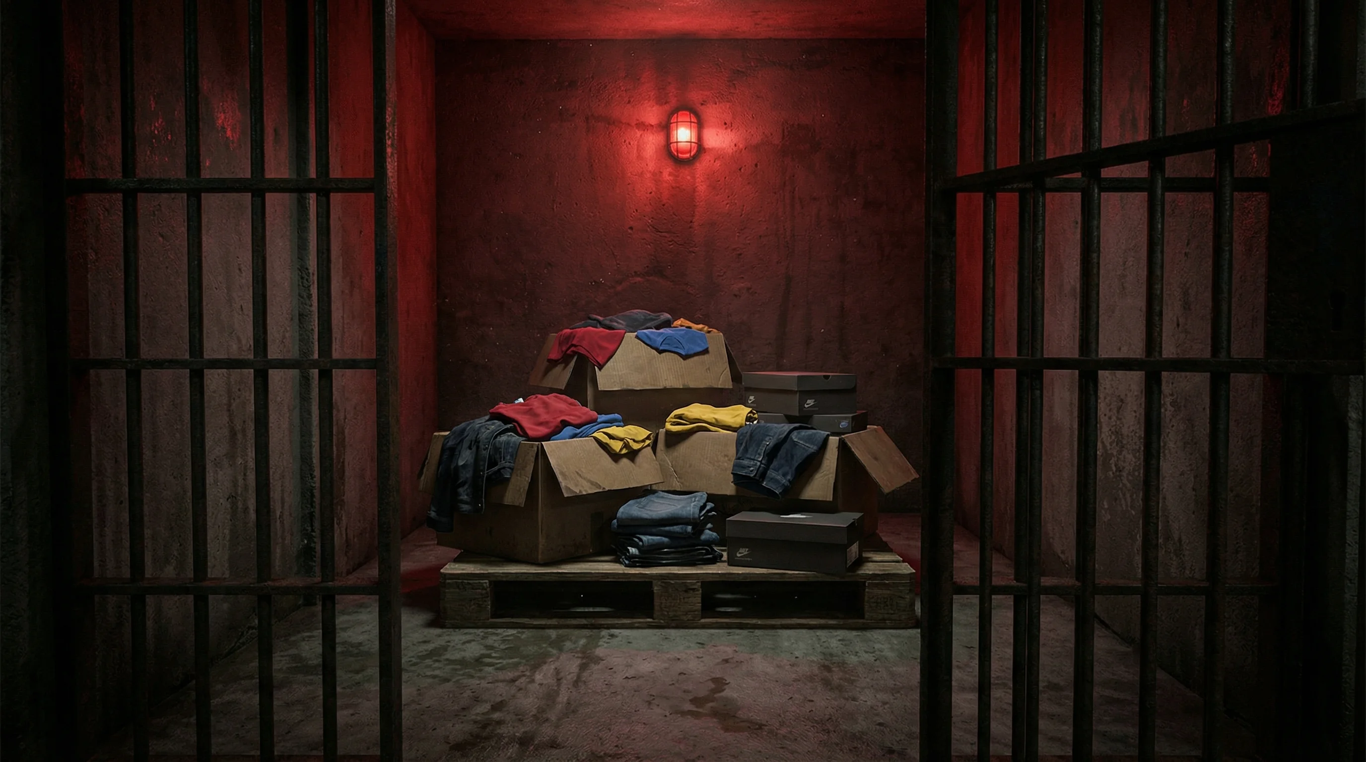 Europaleta z kartonami odzieży za kratami celi - symbolizuje kary za brak zgłoszenia SENT